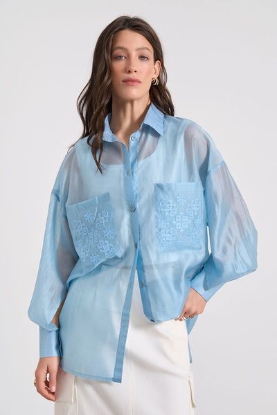 Сорочка жіноча подовжена з вишивкою на кишенях (13, S, Aqua blue, блакитний) RM4280-25DB*-*3634 фото від українського бренду RicaMare