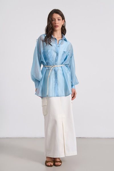 Сорочка жіноча подовжена з вишивкою на кишенях (13, S, Aqua blue, блакитний) RM4280-25DB*-*3634 фото від українського бренду RicaMare
