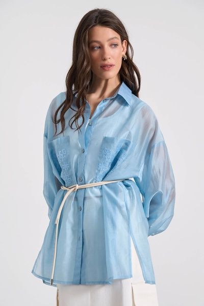 Сорочка жіноча подовжена з вишивкою на кишенях (13, S, Aqua blue, блакитний) RM4280-25DB*-*3634 фото від українського бренду RicaMare